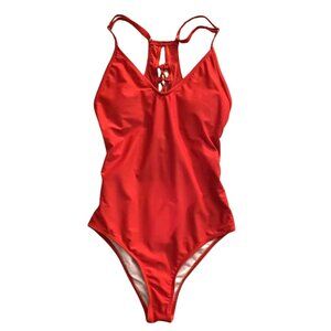 Red One-Piece Swimsuit Cheeky Cut Lace-Up Back Adjustable Straps Removable Cups